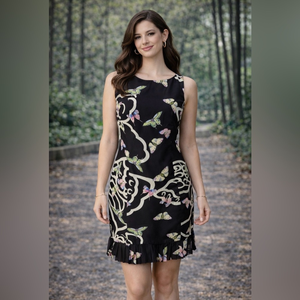 Jade Melody Tam Silk Beaded Butterly Sheath Dress 6 Colorful Pleat Hem